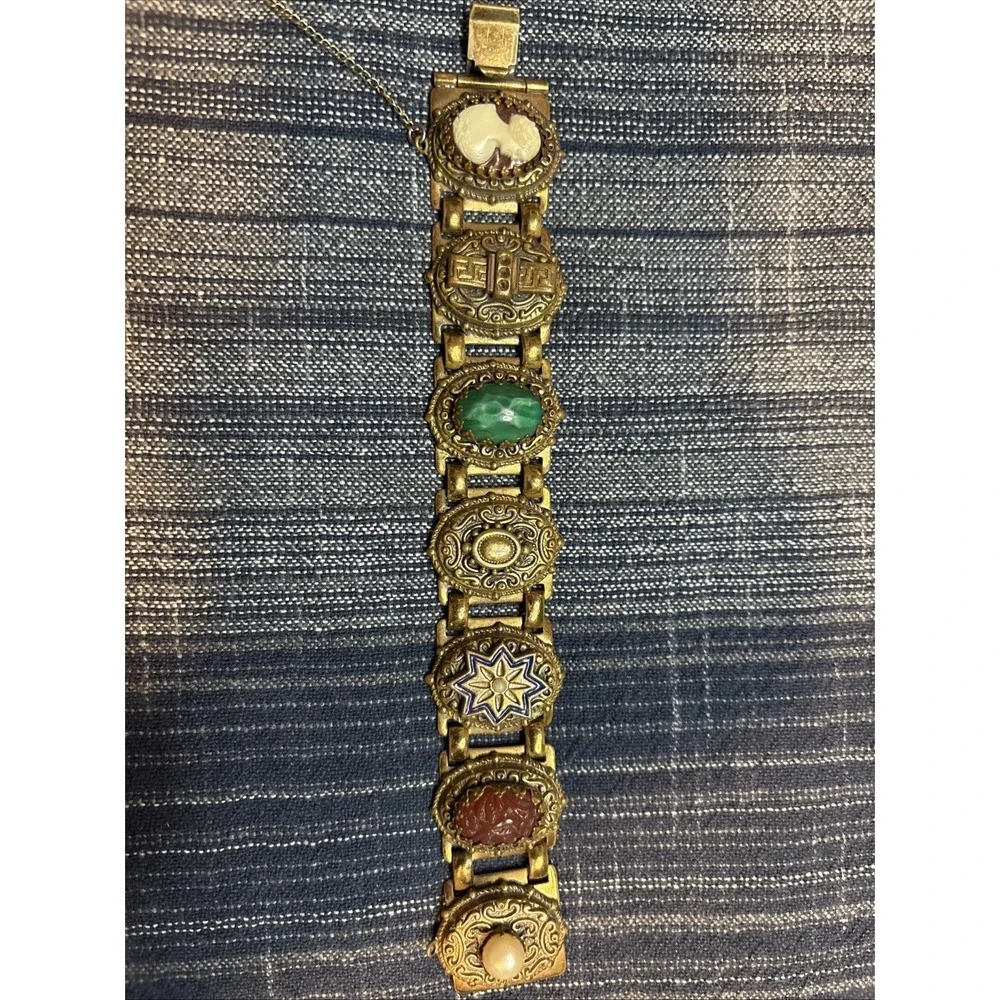 Vintage Victorian Revival Panel Bracelet Multi Stone Gold Tone 7.5